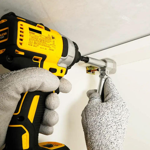 Go-To Right Angle Drill Attachment For Cordless Drill And Impact Driver All Metal Body With Steel Gear in use for tight space drilling