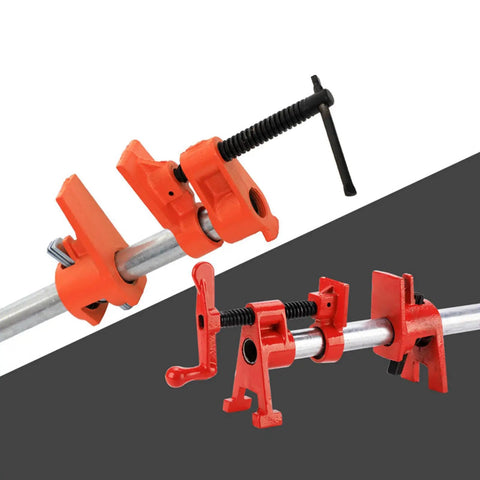 Heavy Duty Steel Pipe Clamp Set For Woodworking Hand Crank Adjustable Vise, red clamps on steel pipe for secure gluing.