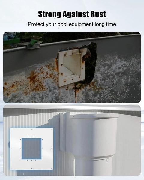 Before and after installation of Upgraded Pool Wall Repair Panel For Above Ground Pools, Stainless Steel Skimmer And Water Return Repair Kit.