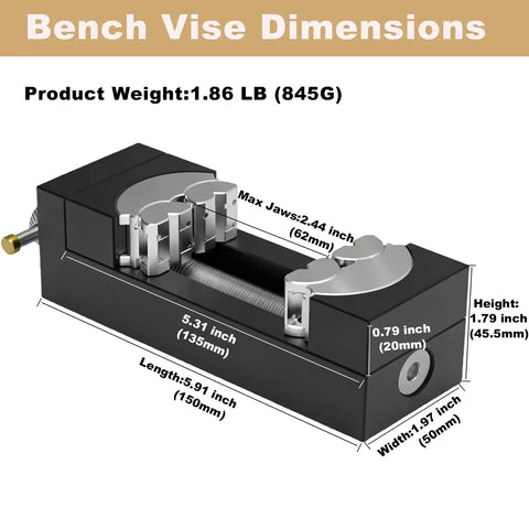 Dimensions of Beefy Heavy Duty Multi Material Workbench Vise With Universal Clamping for wood, plastic, metal, and irregular objects.