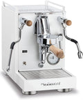 Mini Cellini Espresso Machine with Steam Wand and Pressure Gauge, white paneling, chrome accents, wood details, front view