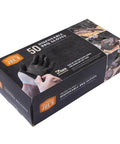 Grill Ready Disposable BBQ Gloves Kit With 50 Nitrile Gloves, Powder Free, Latex Free, shown in black packaging with images of use.