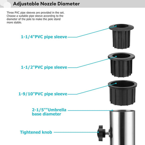 Diagram of adjustable nozzle diameter showing three PVC pipe sleeves and stainless steel base for Sturdy Granite Umbrella Stand Tube For Outdoor Use
