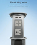 Heavy Duty Pop Up Power Strip With Integrated Wireless Charging Pad Retractable Hidden Desktop Outlet close-up of AC outlets and USB ports