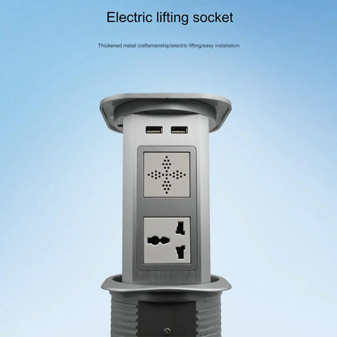 Heavy Duty Pop Up Power Strip With Integrated Wireless Charging Pad Retractable Hidden Desktop Outlet close-up of AC outlets and USB ports