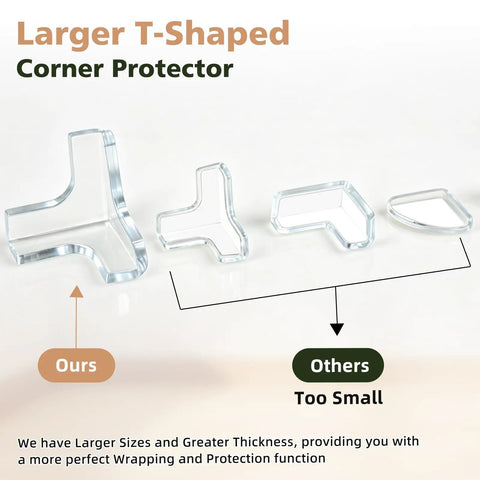 Tough As Nails Table Corner Guards 8 Pack Giant T Shaped Corner Protectors For Baby comparison of larger vs smaller corner protectors.