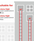 Portable Fire Ladder For 3 Story Emergency Escape 25 Foot Aluminum Ladder With Wide Steps Quick Deploy Tangle Free Mechanism V Center Support And High Load Capacity For Safe Home Evacuation shown beside 25ft and 15ft window heights