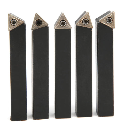 5-piece 3/8in indexable turning tool set with carbide inserts in tin-coated holders, front view