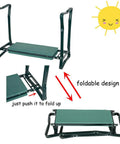 Folding Garden Kneeler Seat With Soft Foam Pad And Tool Pouch, sturdy steel frame, foldable design shown from top and side views.
