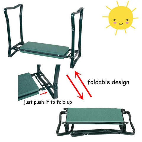 Folding Garden Kneeler Seat With Soft Foam Pad And Tool Pouch, sturdy steel frame, foldable design shown from top and side views.