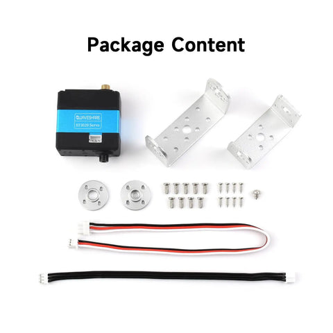Beefy Torque Serial Bus Servo With 25Kgcm Capacity, showing servo, brackets, and cables for precision robotics projects.