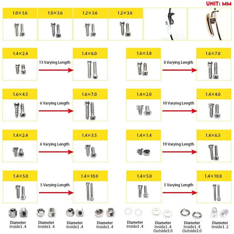 Eyeglass Repair Kit With Ten Style Precision Screwdrivers Seventy Tiny Screws Four In One Portable Driver Two Pairs Ear Hooks Two Pairs Nose Mounts Tweezers And Cleaning Cloth Rotating Head For 360 Degree Glasses Fix For Quick Fixes On The Go. Assorted stainless steel screws in varying sizes