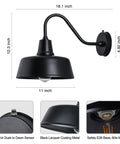 Gooseneck Barn Lights Outdoor Dusk to Dawn Sensor for Porch and Garage Black Exterior Farmhouse Wall Lighting Fixtures Weather Resistant Metal Two Pack 7 Inch Diameter Easy Install shown with dimensions.
