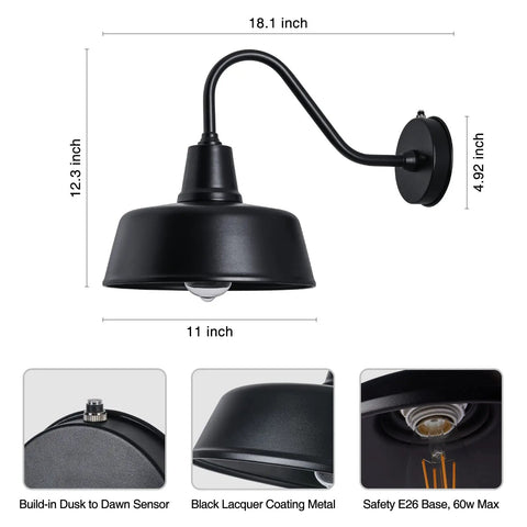 Gooseneck Barn Lights Outdoor Dusk to Dawn Sensor for Porch and Garage Black Exterior Farmhouse Wall Lighting Fixtures Weather Resistant Metal Two Pack 7 Inch Diameter Easy Install shown with dimensions.