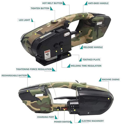 Battery Powered Automatic Strapping Machine Hot Melt Welder For 13 To 16 Mm PP PET Bands features detailed controls and camo design.