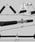 Cable Attachments For Gym Lat Pulldown Machine, V Shaped Press Down Bar, Tricep Rope, Rugged Knurl Grip, dimensions shown