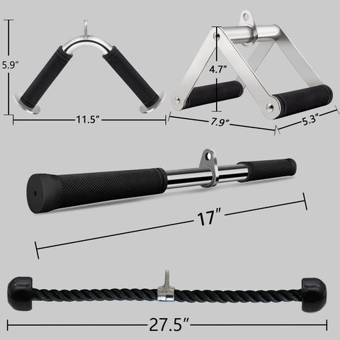 Cable Attachments For Gym Lat Pulldown Machine, V Shaped Press Down Bar, Tricep Rope, Rugged Knurl Grip, dimensions shown