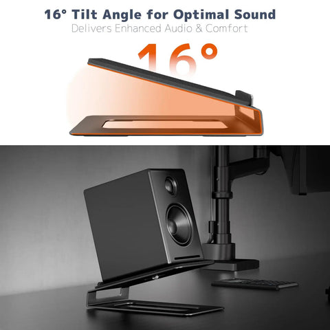 Desk Speaker Stands For Bookshelf Monitors With 22 Lb Capacity, 16 Degree Tilt, Anti-Vibration Pads in black, side view.