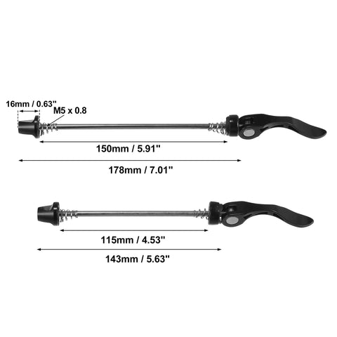 Dual Quick Release Bicycle Axles Skewers Set Front 143mm and Rear 178mm for MTB and Road Bikes Aluminum Alloy and Steel