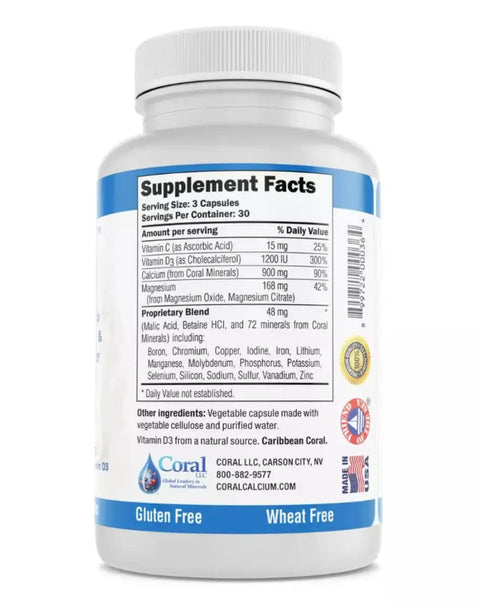 Back view of bottle showing supplement facts for Bioavailable Coral Calcium 900 Mg With Vitamin D3 And Magnesium For Bone Strength.