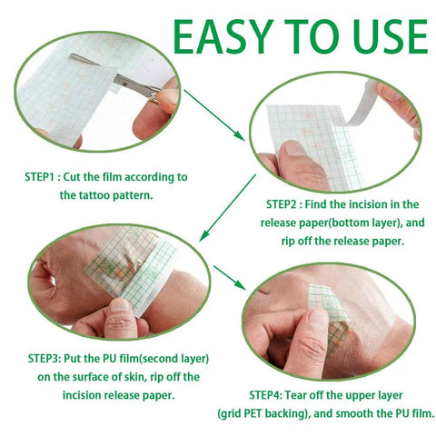 Aftercare Bandage Roll For Tattoos 8 Inch By 2 Yard Waterproof Transparent Film showing application steps on diagram