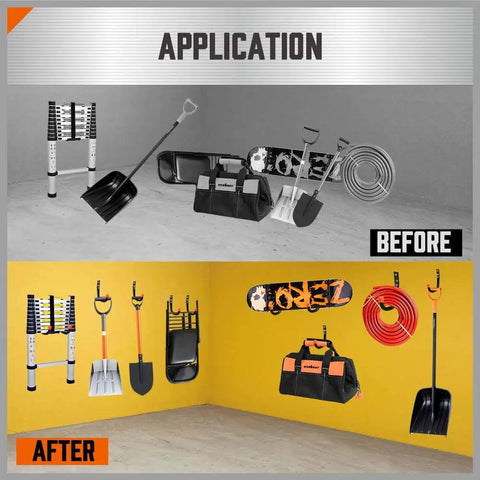 Heavy Duty Metal Wall Hooks 6 Pack For Garage Storage And Organization, J Hooks for tools, cords, and ladders on walls.