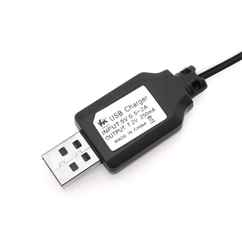 USB Power Charger Cable For 7.2V Ni Cd Ni Mh Battery Packs with SM 2P Plug view, showing label details and connectors.
