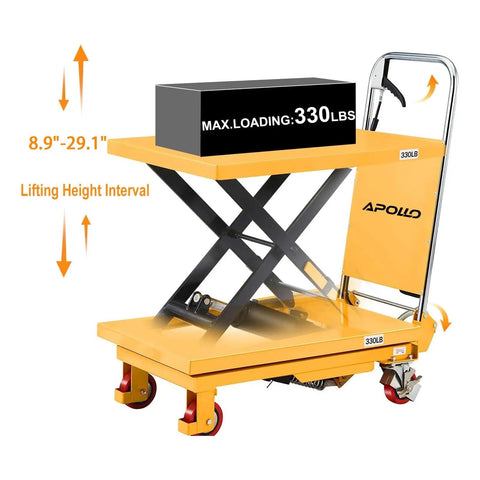 Heavy Duty Hydraulic Lift Table Cart With 330 Pound Capacity And 29.1 Inch Lift Height Single Scissor Lift On Four Wheels
