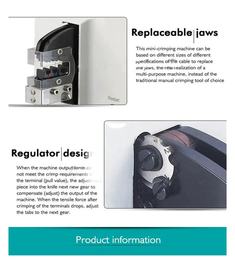 Close-up of replaceable jaws of the High Performance Electric Terminal Crimping Machine For Wire Line Pressing, showcasing adjustable settings.