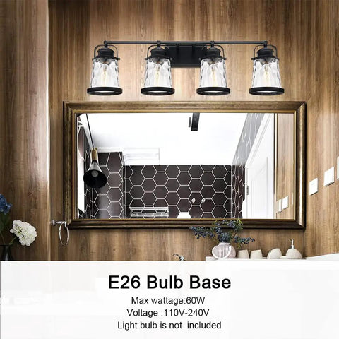 Four Light Farmhouse Vanity Lights With Rustic Wall Sconces And Hammered Glass Shades over bathroom mirror, E26 bulb base.