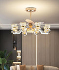 Eight Head K9 Crystal Ceiling Fan Light With Zero Hassle Remote Controlled Tricolor LED Glow in modern living room setting.