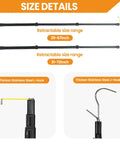 Magnetic Cargo Grabber Reach Tool 6.9 Ft Extendable Truck Bed Retriever with two hooks, showing size details and hook types.