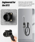 No Sweat Heavy Duty Wall Mount J Hook Stand For J1772 EV Chargers holding J1772 connector and cables in a garage setup.