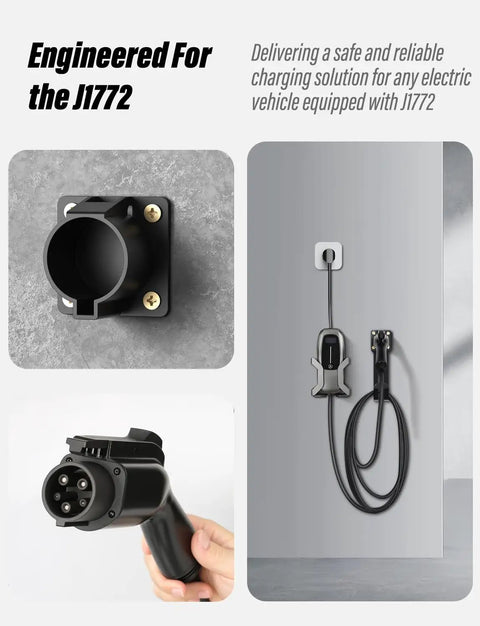 No Sweat Heavy Duty Wall Mount J Hook Stand For J1772 EV Chargers holding J1772 connector and cables in a garage setup.