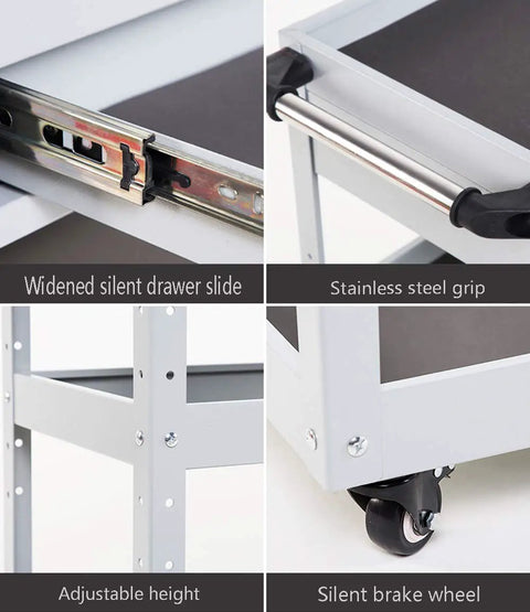 Heavy Duty Rolling Tool Cart With Drawer And Lockable Wheels, stainless steel grip, adjustable height, silent brake wheel