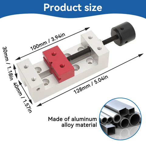 Slick Compact Mini Vise With 50mm Jaw Space dimensions 100mm x 128mm, aluminum alloy construction for precise clamping.