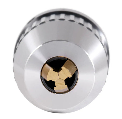 Close-up of 1/16-5/8 Inch MT3 Precision Keyless Drill Chuck with titanium jaws, for CNC lathe and drill press.