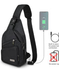 Mens Sling Pack With Upgraded Type C Charge Port Nylon Crossbody Bag with charging cable shown connected to mobile device