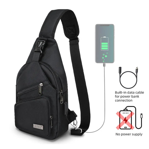 Mens Sling Pack With Upgraded Type C Charge Port Nylon Crossbody Bag with charging cable shown connected to mobile device
