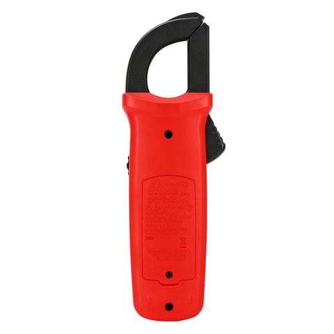 Back view of UT204R Digital Clamp Meter With Auto Ranging, True RMS, 6000 Counts, featuring red casing and clamp