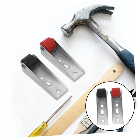 Hella Durable Heavy Duty Sliding Door Rollers And Silent Barn Door Caster Wheels With Vertical Support Smooth As Butter For Dead Quiet Operation On Interior Doors Or Outdoor Wooden Gates, featuring two rollers next to tools.