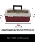 Front view of Four Layer Portable Tool Box With Hardware Storage Case Plastic Organizer, red and gray, dimensions shown.
