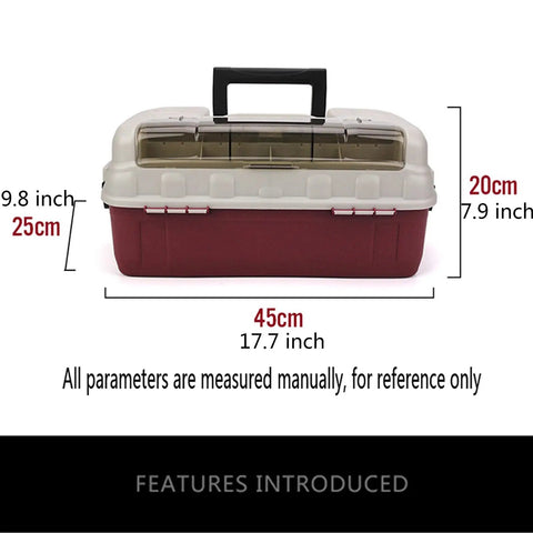 Front view of Four Layer Portable Tool Box With Hardware Storage Case Plastic Organizer, red and gray, dimensions shown.