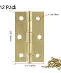 Heavy Duty 12 Pack 2.5 Inch Gold Door Hinges Vintage Cabinet Hardware Includes Extra Screws showing dimensions and screws.