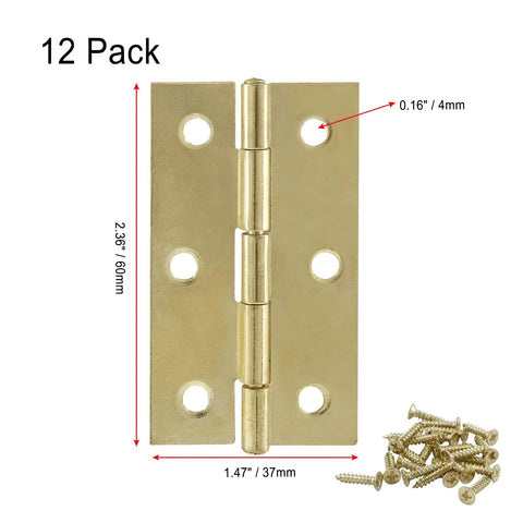Heavy Duty 12 Pack 2.5 Inch Gold Door Hinges Vintage Cabinet Hardware Includes Extra Screws showing dimensions and screws.