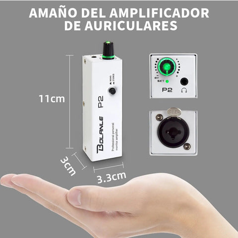 P2 Portable In Ear Monitor Amplifier With XLR TRS Input And Stereo Mono Switch on hand, showing compact size.