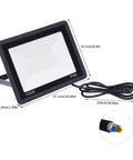 LED Work Light 100W 8000LM Flood Light Outdoor IP66 Weatherproof Plug in with dimensions and cable visible.