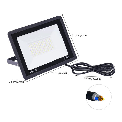 LED Work Light 100W 8000LM Flood Light Outdoor IP66 Weatherproof Plug in with dimensions and cable visible.