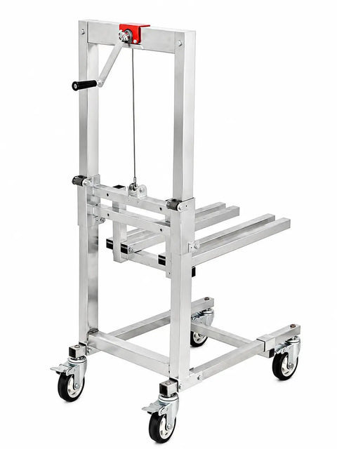 Heavy Duty Portable Manual Lift Stack With Folding Winch Crank Handle Material Handler For Moving 132 Lb Loads And Equipment At 6.7 To 33.5 Inch Height, aluminum with crank.