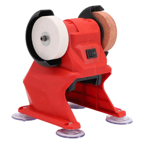 Heavy-Duty Mini Bench Grinder With 3mm Metal Guard Corundum Wheels For Polishing Grinding And Sharpening Compatible With 18V Battery Power Tools, red design with dual grinding wheels.